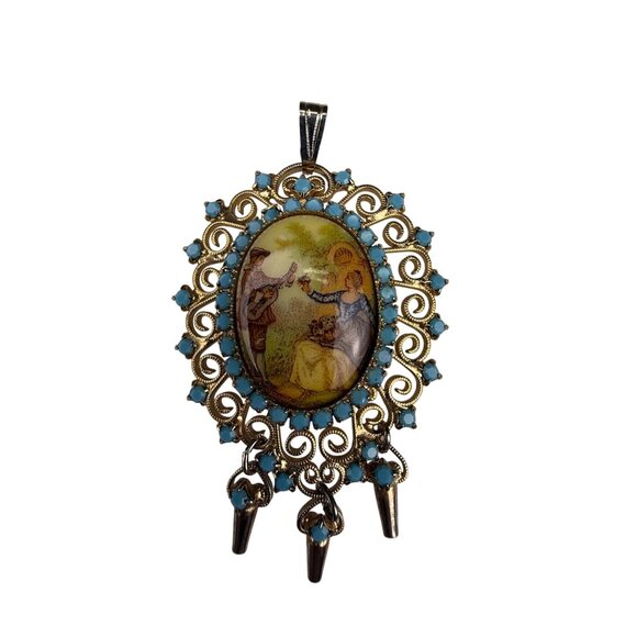 Vintage Gold Tone Victorian Style Pendant Turquoise Porcelain Scene Oval Dangles - Picture 1 of 4